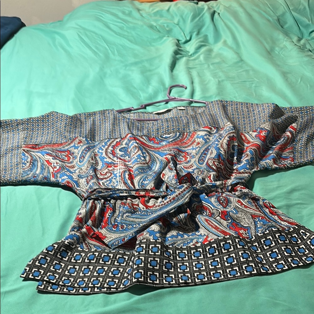 Stylish Blue and Red Paisley Blouse- bottom side split design